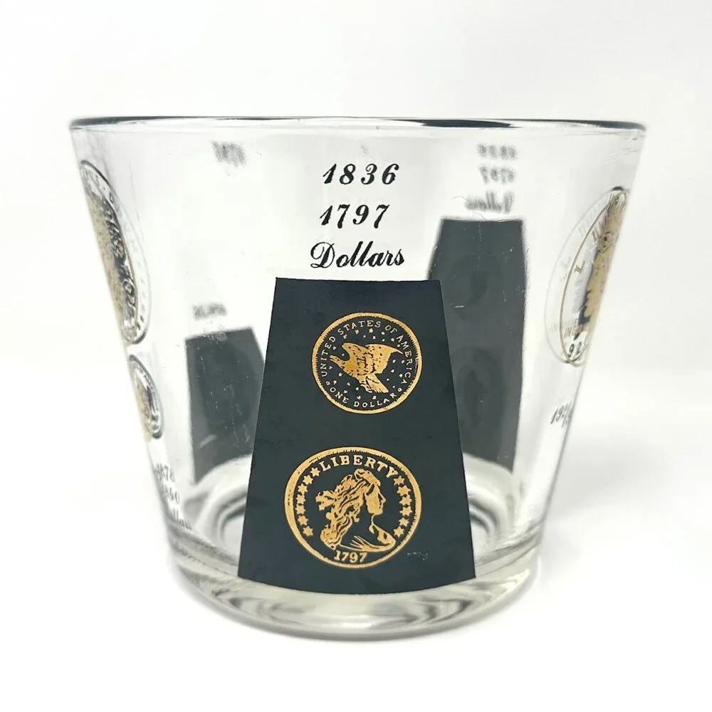 Mid Century Modern Vintage Cera Glass Ice Bucket Coins Design Black Gold